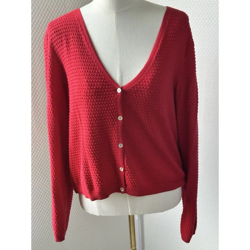 Draper James RSVP Red Textured VNeck Long Sleeve Button Cotton Blend Cardigan XL